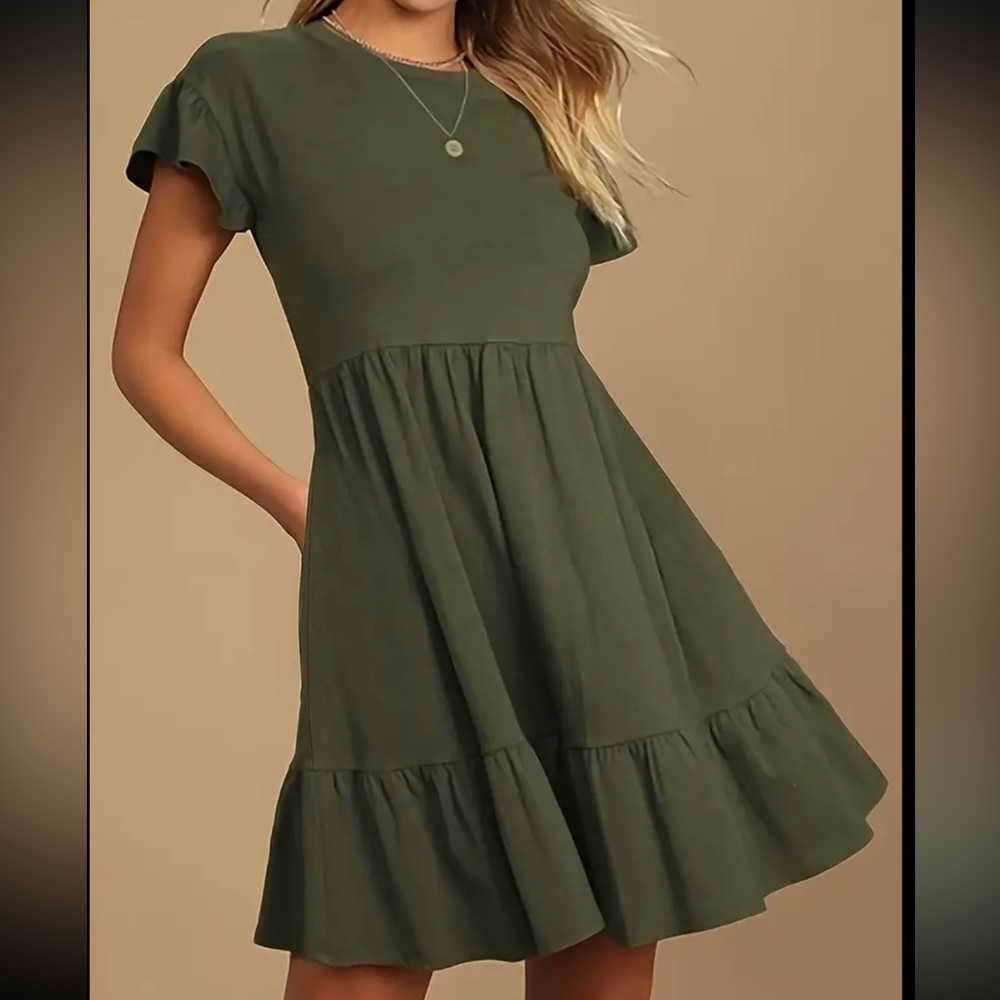 Solid Color Ruffle Hem Dress, Crew Neck Short Sleeve Dress For Spring & Summer - Picture 3 of 5